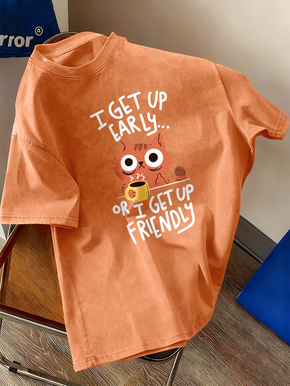 

I Get Up Are Lazy Cat Printing Washed T-Shirts Womens Cotton Oversized T Shirt Summer Short Sleeve Tops Casual O-Neck Clothes