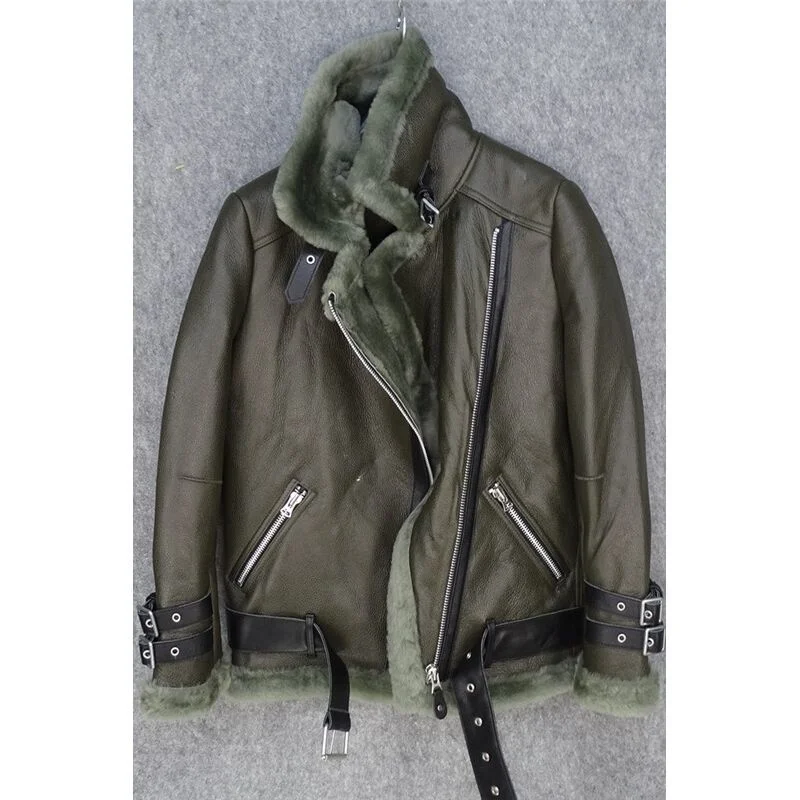 Manteau de fourrure en cuir de mouton 100% véritable pour femmes, version à ceinture unique, isolation chaude et froide de moto, coupe cintrée