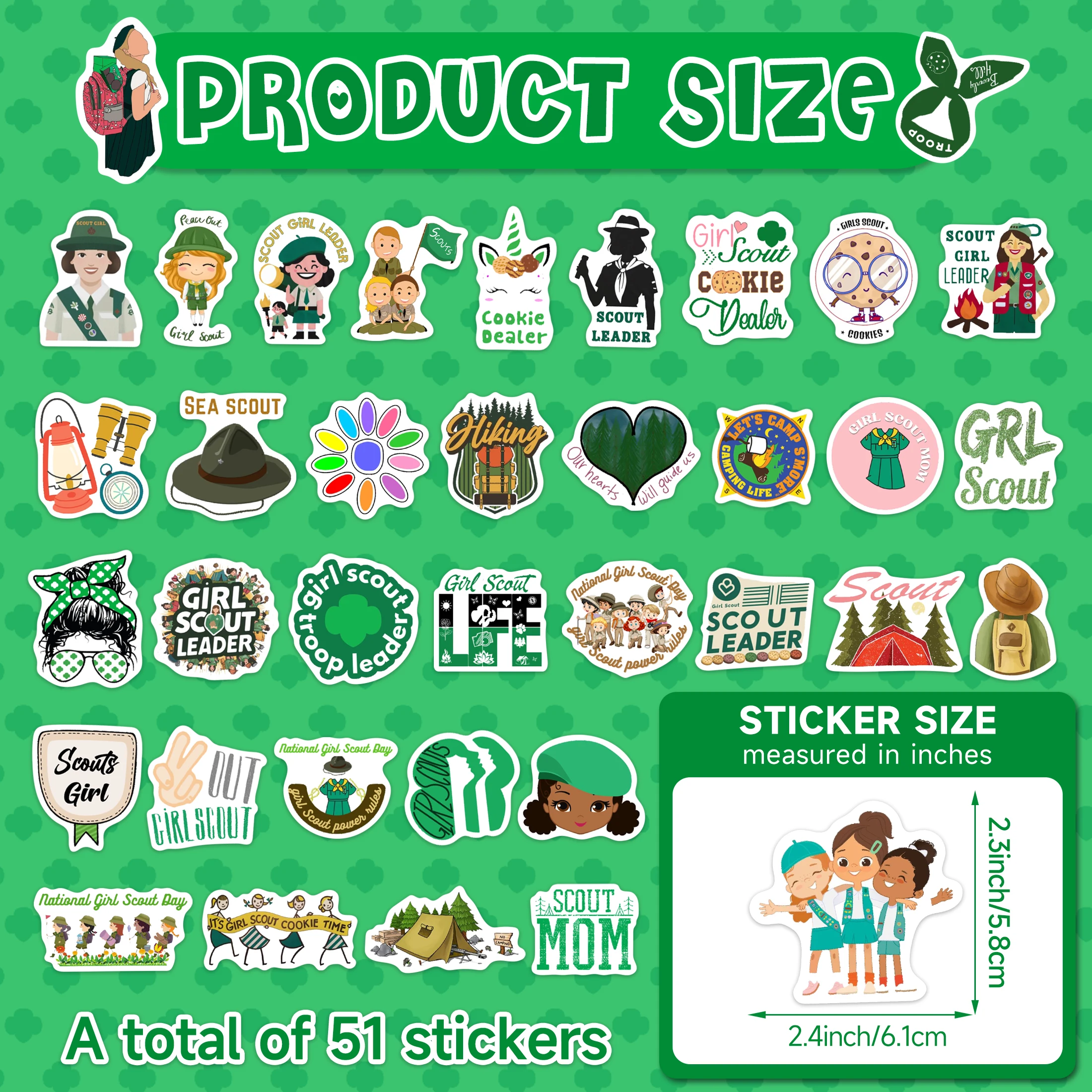 51Pcs Cartoon Girl Scout Water Bottle Stickers for Kids Cute Glow in The Dark Vinyl Waterproof Laptop  Girl Scout Themed Decals