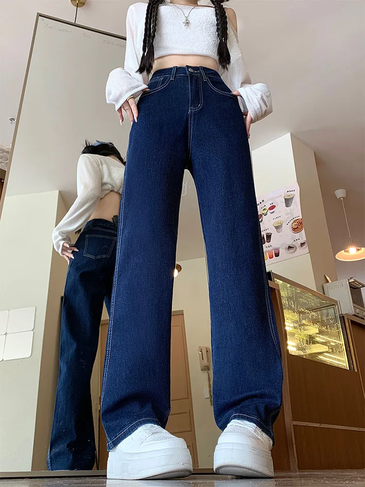 

Темно-синие эластичные прямые джинсы больших размеров, женские джинсы с высокой талией, утягивающие широкие длинные брюки, осенние новые брюки