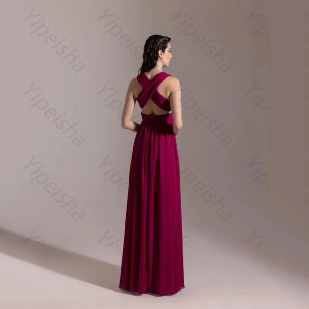 Abito da sera classico sexy di alta qualità in chiffon per abito da ballo senza maniche con scollo a V lungo fino al pavimento con fiori a fessura e balze personalizzato