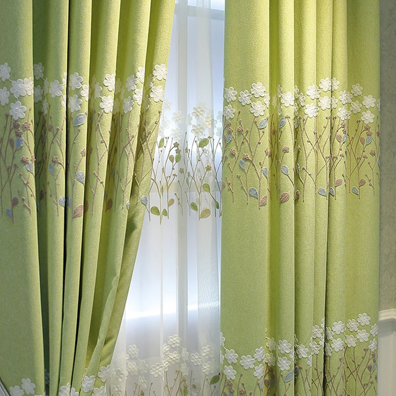 

Green Floral Embroidery Blackout Curtains for Living Room Bedroom, Pastoral Window Curtain, Elegant Sheer Curtains 2 Panels