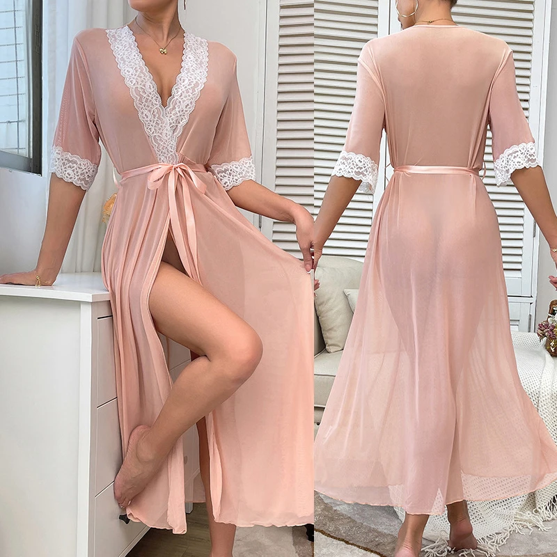 Lace Sleeve V Neck Robe Women Sexy Mesh Perspective Bathrobe Kimono Long Summer Nightgown Sleepdress Loose Bride Wedding Gown