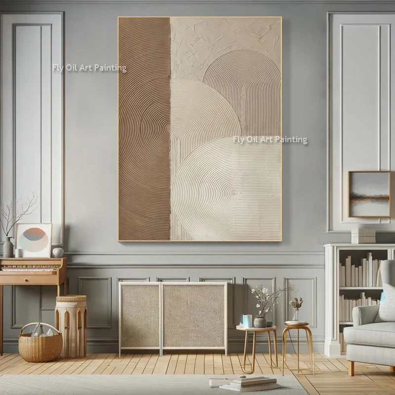 100% Hand Painted Palette Knife Geometric Arch Wall Art, Thick Texture Beige Brown Oil Painting, Modern Decor For Living Space
