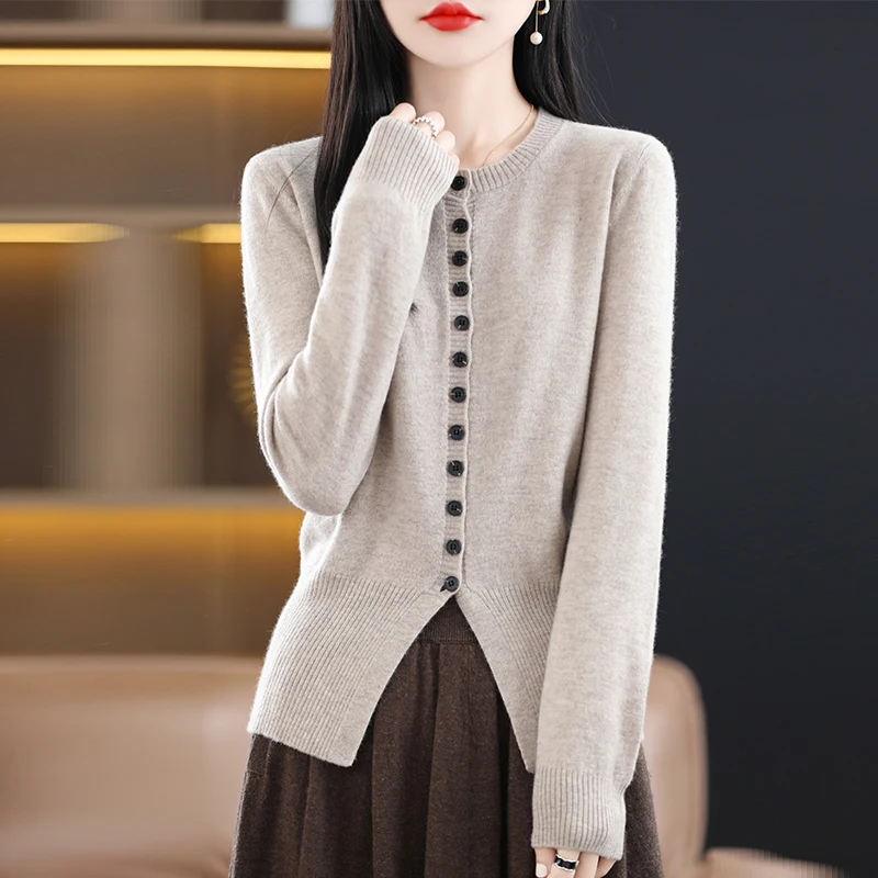 Hot Sale 100% Wool Cardigan Women Coat Autumn Winter Warm Jacket Long Sleeve Soft Sweater Female Knitwear Outwear