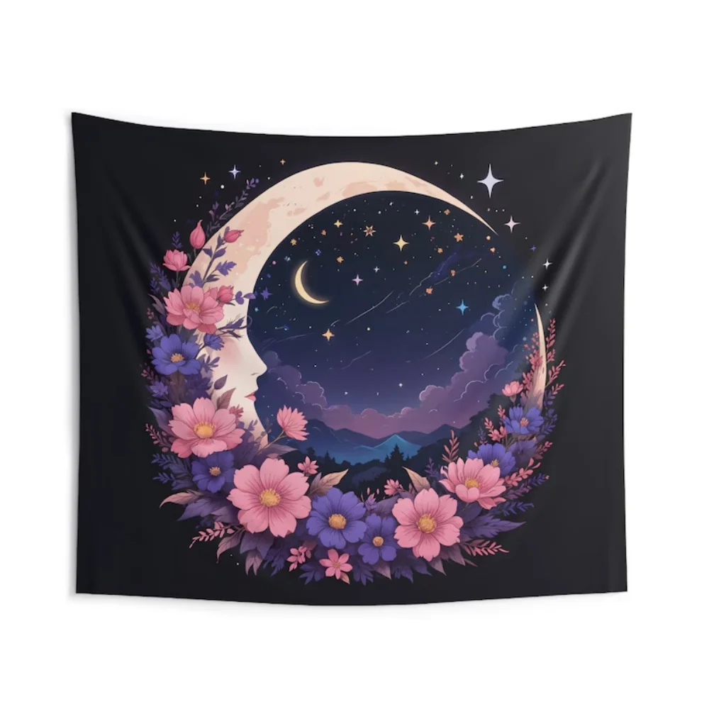 Mystic Purple Moon Wildflower Moon Wandteppich, Anime Kawaii Wandkunst Hängend Trendy Home Decor Geschenk, Wandteppich Ästhetik