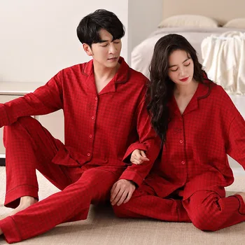 Rode Kleur Paren Nachtkleding Katoenen Vest Nachtkleding Getrouwde Nachtkleding Herfst Lente Lange Mouwen Huiskleding Mujer Hombre Pjs