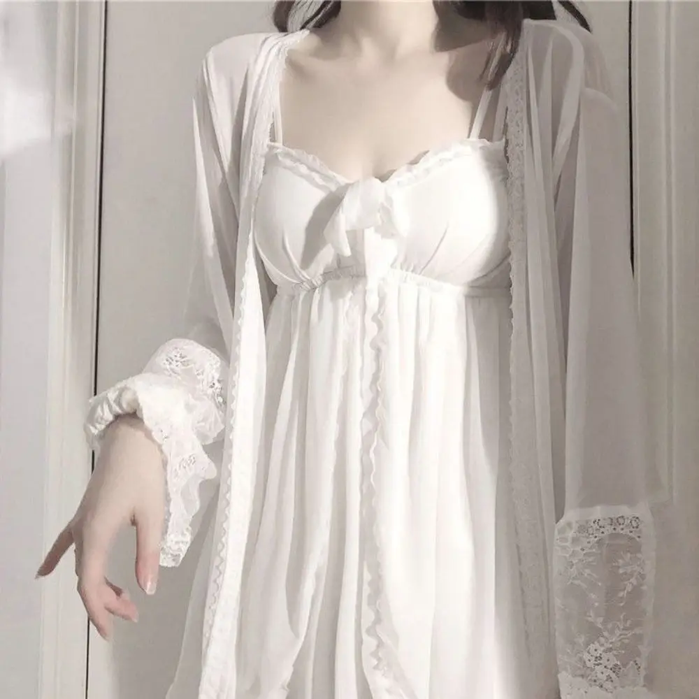 Vestido de pijama de encaje con lazo para mujer, camisón con volantes sin mangas, conjunto de bata para dormir, ropa de dormir para el hogar, camisón con tirantes con almohadillas