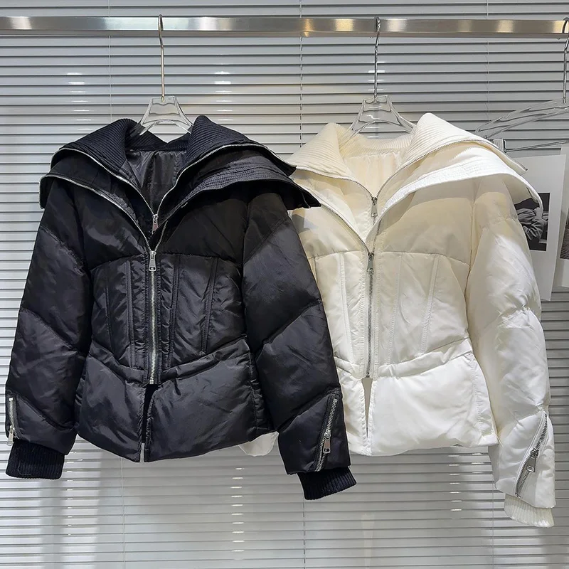 Women White Duck Down Jacket Winter New Arrival Double Zippers Sailor Collar Fish Bone Slim Waist Design Sense Warm Coat