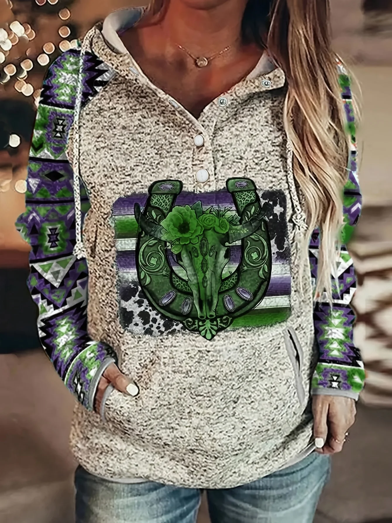 Moletom feminino com capuz casual com estampa étnica ocidental retrô com botão de pressão top feminino