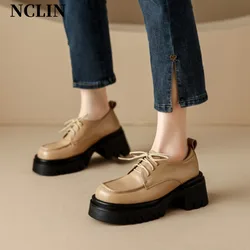 Spring/Summer Women Shoes Chunky Heel Round Toe Platform Shoes Women Genuine Leather Shoes High Heel Loafers Zapatos De Mujer