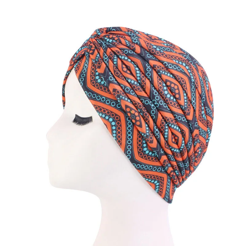 Indian Turban Print Beanies Women Muslim Pleated Inner Hijab Hat Cancer Chemo Cap Hair Loss Headscarf Headwear Turbante Mujer