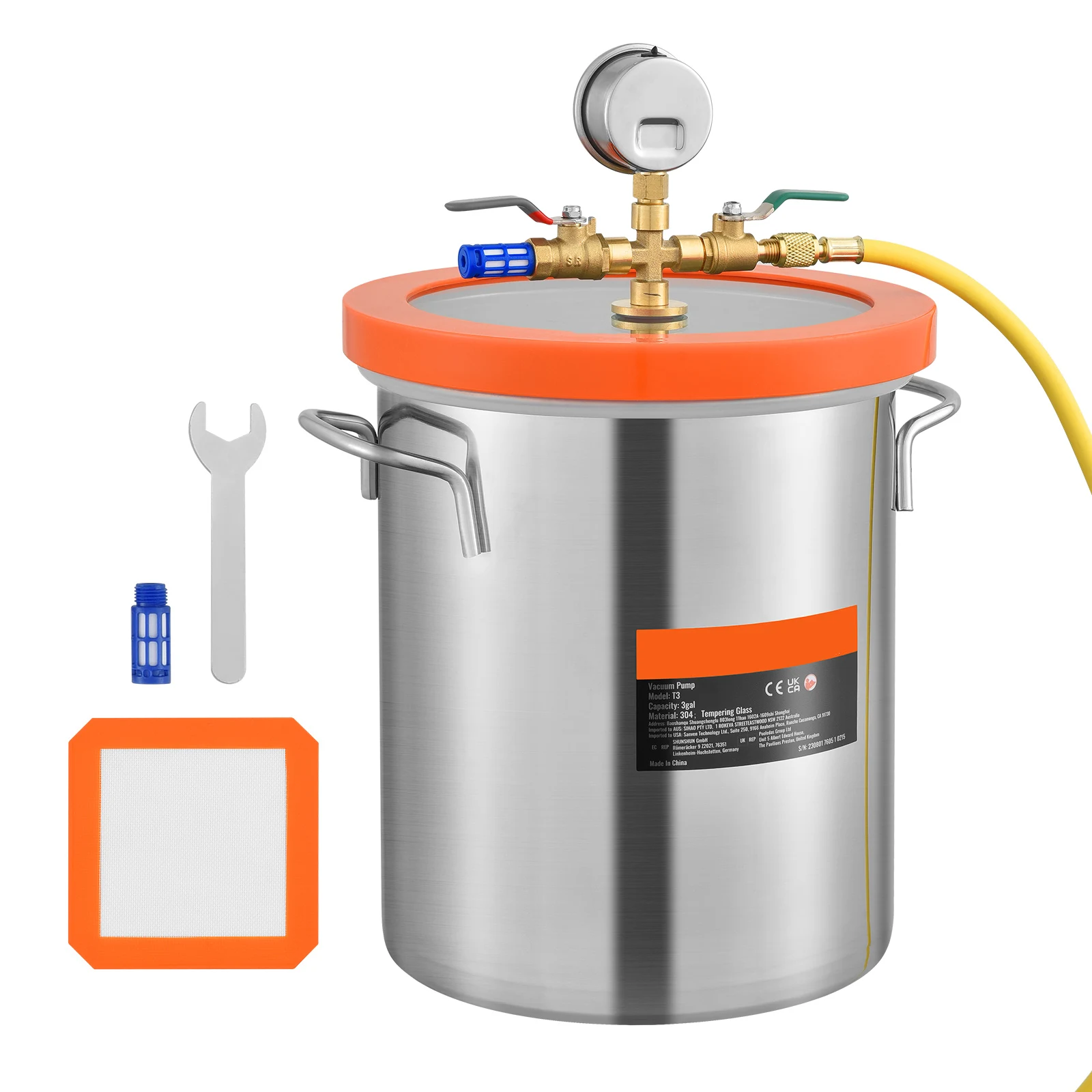 SucceBuy 3 Gallon / 5 Gallon Vacuum Chamber, Upgraded Tempered Glass Lid Vacuum Degassing Chamber, 304 Stainless Steel Chamber, for Stabilizing Wood, Resin Degassing, Silicone Degassing and Plaster Degassing