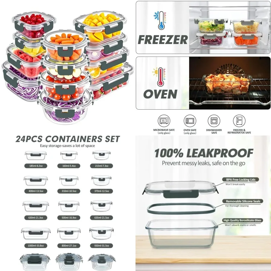 

12 Packs Glass Food Storage Containers Set, Airtight Glass Lunch Containers, Glass Meal Prep Containers with Lids, Exclusive of