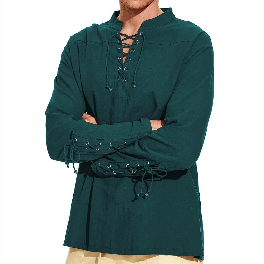 Cotton Linen Shirts for Men Medieval Costume Beach Tops Shirt Pull on Male Loose Casual Streetwear Cosplay Long Sleeve