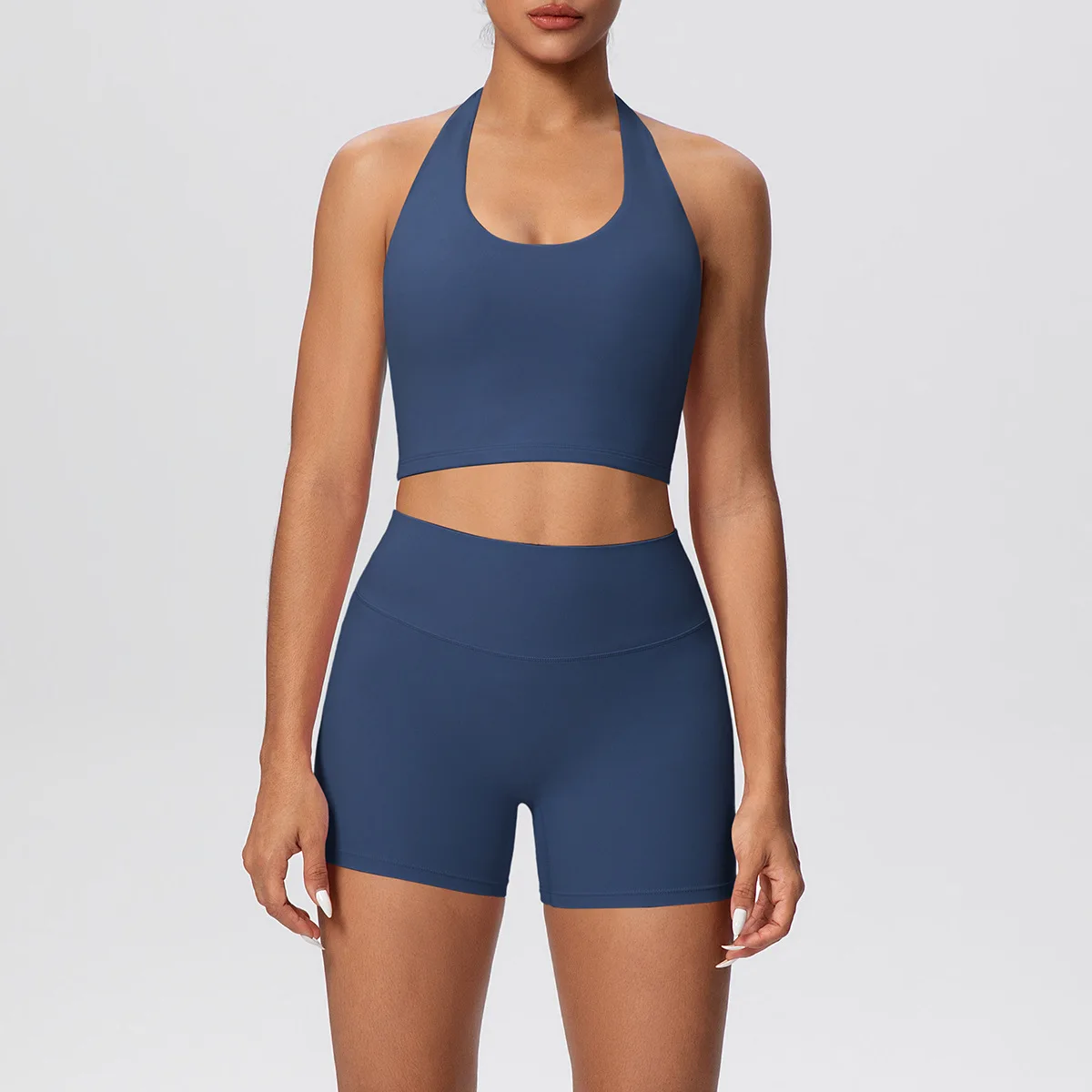 MIML Pure Color Double-Sided Brushed Yoga Sportswear Set Tight Neck Short Two-Piece Suit for Running Fitness Workout