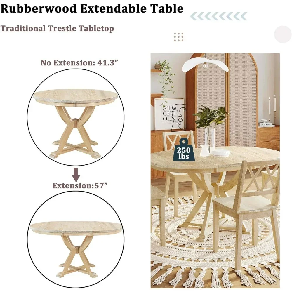 5-Piece Round Dining Table Set Kitchen Table with Back Chairs Perfect for Cozy Dining Rooms, Solid Rubberwood Furniture Tables