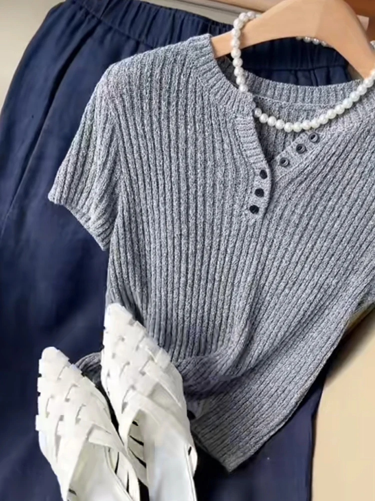 Koreaanse Sle Ice Silk gebreide top en Sve Casual Design Hoodie Summer Faion Anti Aging Quali Regular Fit woon-werkkleding