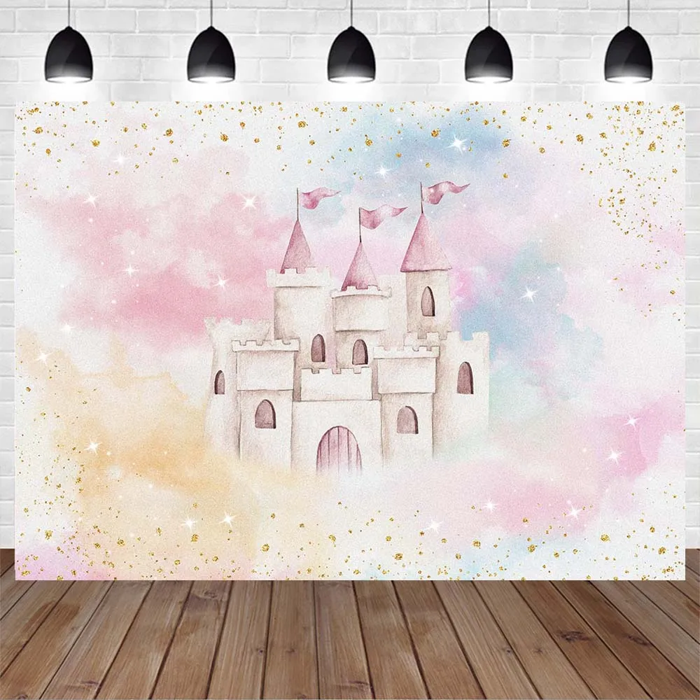 Mocsicka Pink Sky Castle Colorful Clouds Photography Backdrop Baby 1st Birthday Girl Cake Smash Party Background Photocall Props