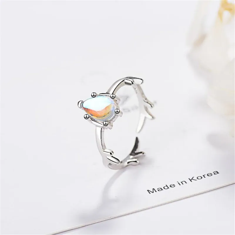 New Personality Beautiful Colorful Moonstone Deer 925 Sterling Silver Jewelry Elk Branch Antler Women Opening Rings R446