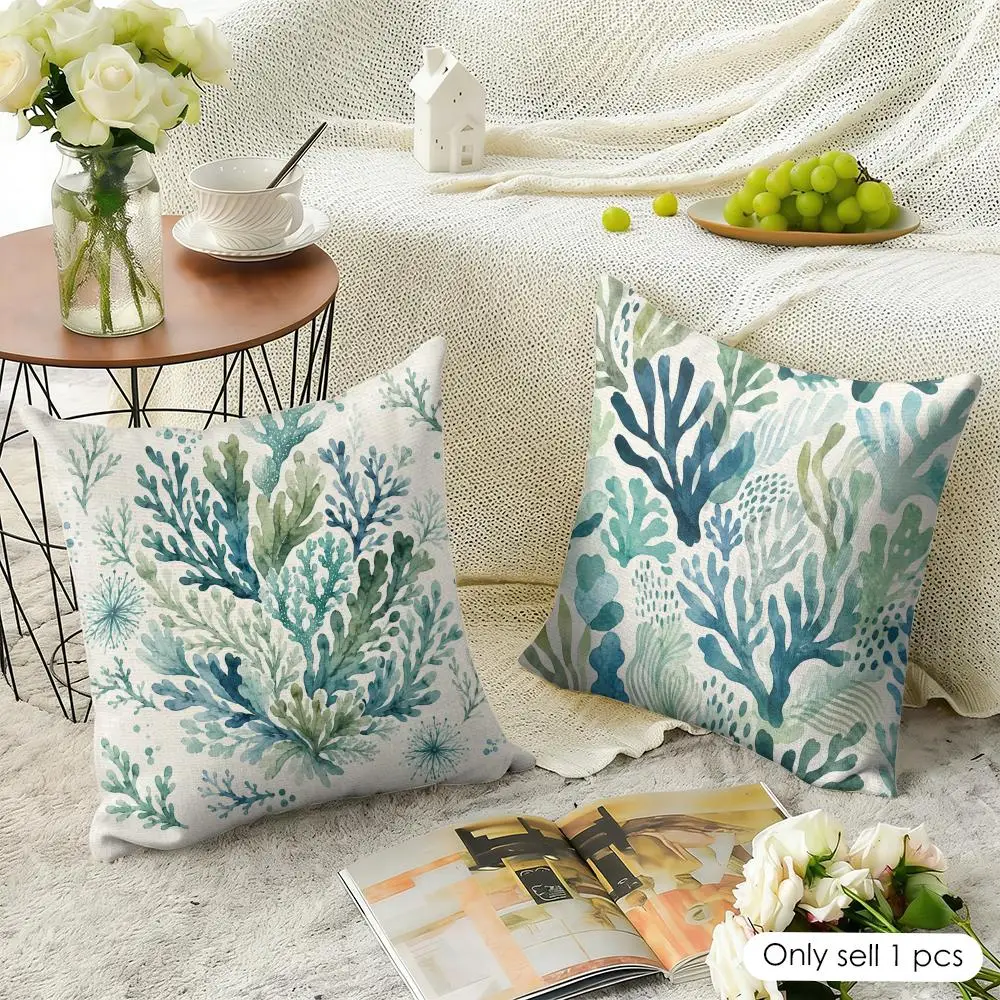 Green And Blue Coral Leaves Cushion Cover Natural Linen Organic Fabric Double-Sided Printing Breathable Perfect For Home Decor