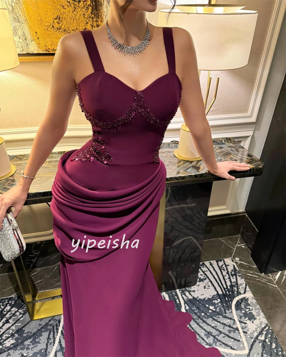 Customized High Quality Sparkle Jersey Rhinestone Beading Mermaid Spaghetti strap Long Dresses Bespoke Occasion Dresses Matching
