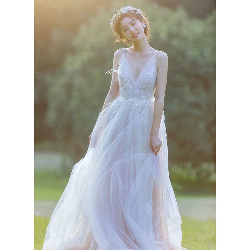 Strap V-neck Wedding Dress Bride Small Stature Backless French Chiffon Style Super Fairy High-end Trailing Dress Customized