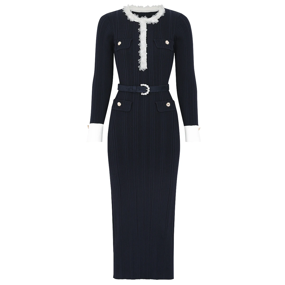 26244 Hochwertiges Sommer- und Herbstkleid, modisches Rundhals-Langarmkleid mit dreidimensionalen Blumen, schmal geschnitten, für Damen