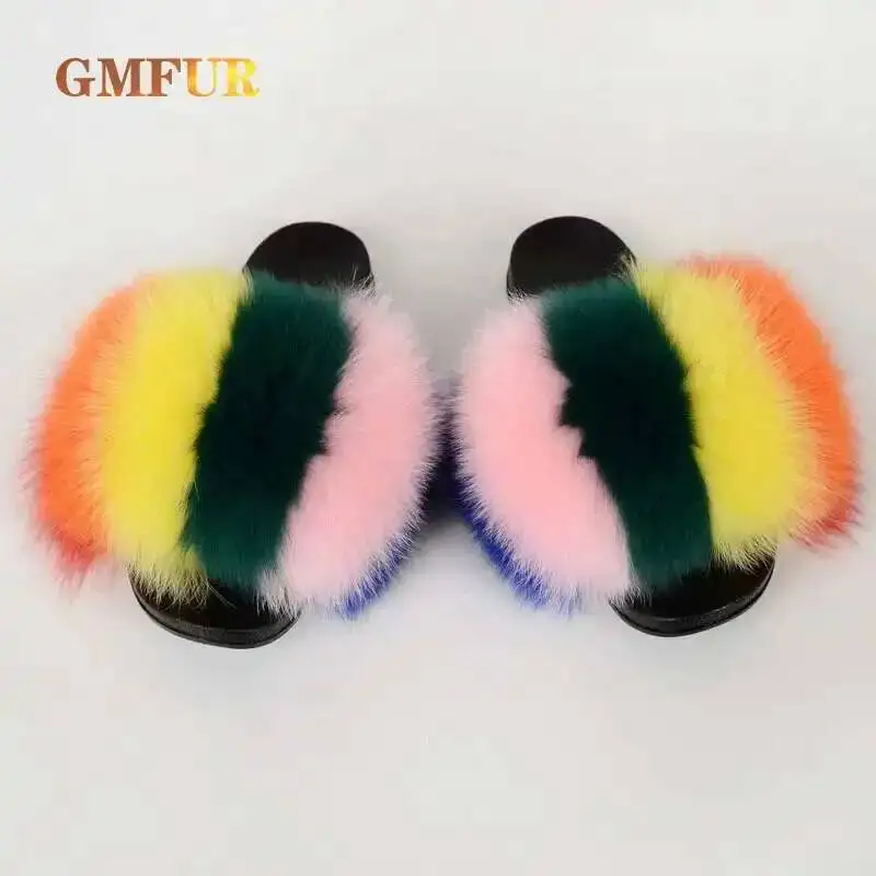 

Летние новые модные шлепанцы из натурального лисьего меха на платформе для женщин, пляжные сандалии с мехом снаружи, домашняя обувь, модные сандалии с мягкой подошвой