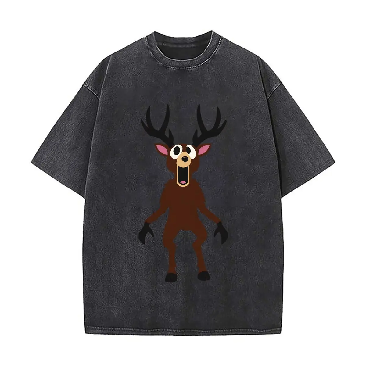 Funny Cartoon Surprised Reindeer With Black Antlers Distressed Vintage Oversized Streetwear Tops for Coffee Dates