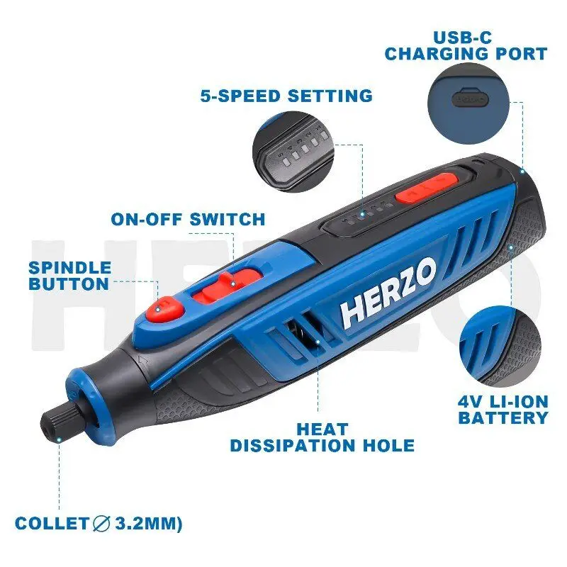 Imagem -02 - Herzo 4v sem Fio Mini Broca Ferramenta Rotativa com 42 Peças Acessórios de Moagem Conjunto Caneta Gravura Multifunctionhrt41v