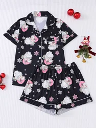 Cute Santa Claus Women's Pajama Set with Black Background Collar Top and Loose Shorts Comfortable Women's Home Clothes