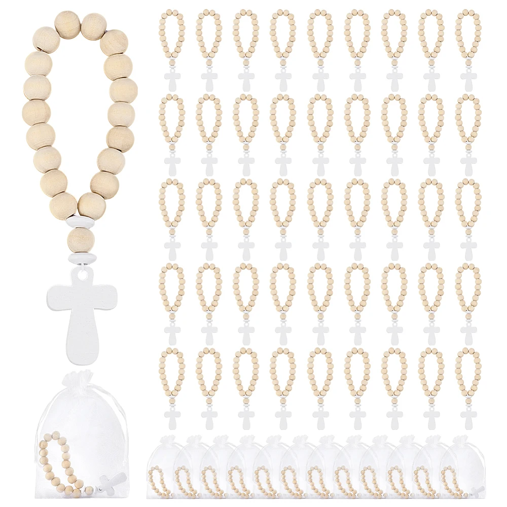 40pcs Wooden Bead Beads Bulk with White Pendant Wooden with Jute Twine Tags Gift Bags for Baptism Favors First Communion DIY