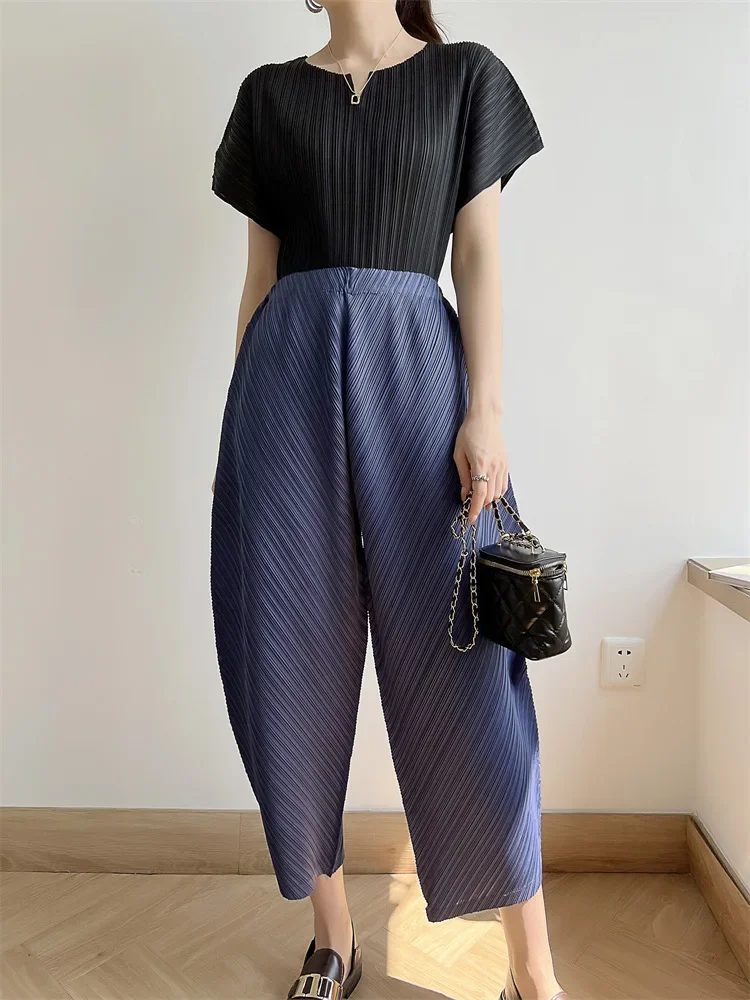 Imagem -05 - Alsey Miyake Calça Plissada Feminina Calça Casual Harlan Solta Perna Larga de Nove Minutos Cor Sólida Elegante Nova 2023