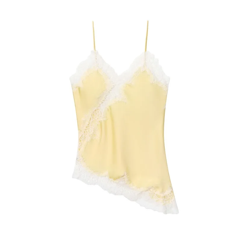 MUJER الأصفر الدانتيل أعلى امرأة غير المتماثلة بروتيل الصيف بلوزات بلا اكمام للنساء مثير عارية الذراعين أعلى الإناث الأشرطة المرأة قمم #3