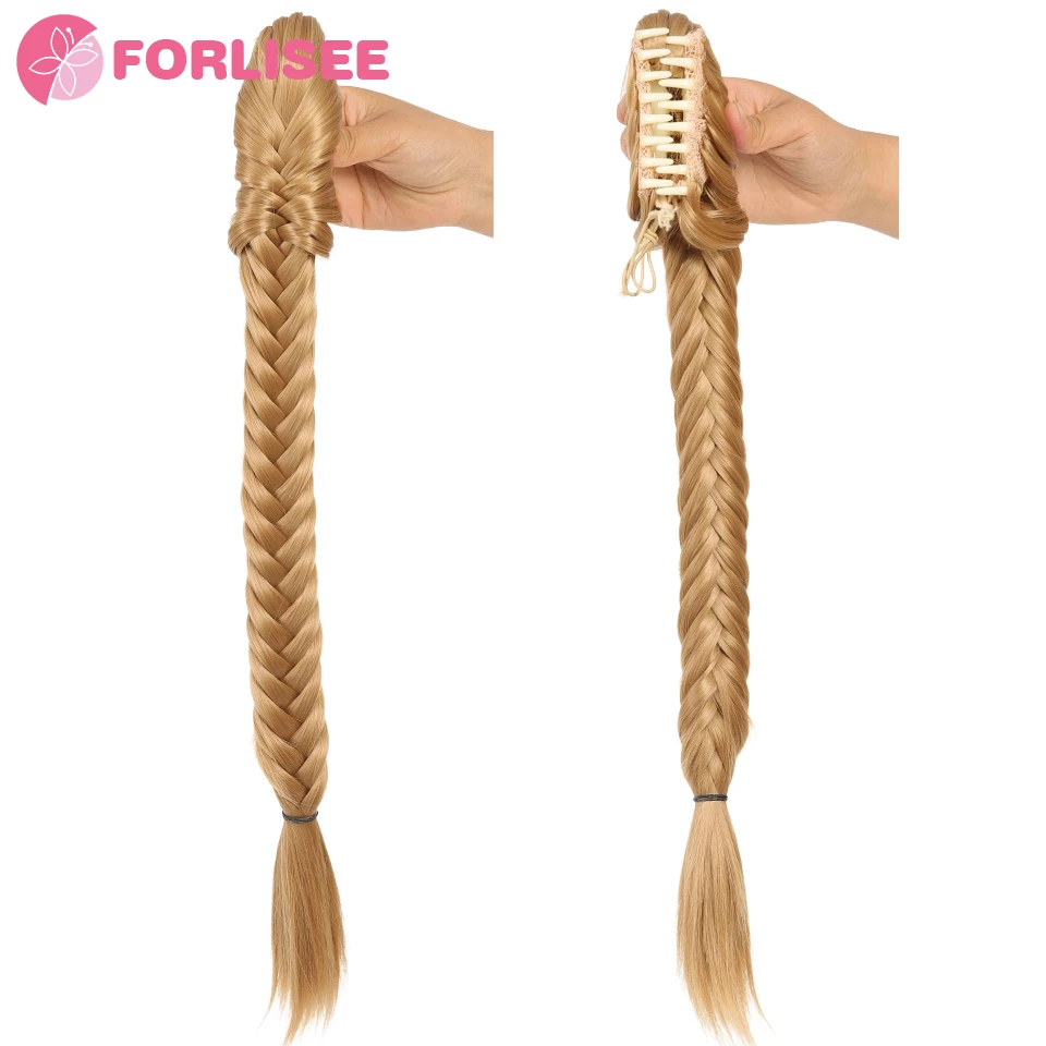 FORLISEE Ponytail Fishtail Braid Hair Extensions Long Clip-in Bun with Claw Clip Synthetic Ponytail Hair Accessories