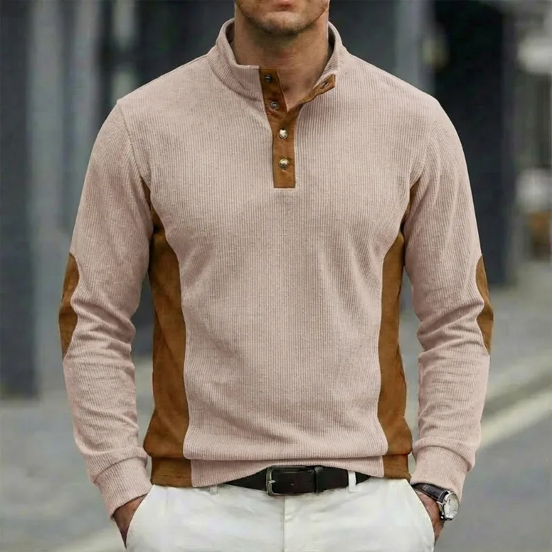 Men's Ribbed Knit Long Sleeve Henley Shirt Stand Collar Contrast Color Splice Casual Top with Multiple Color Options