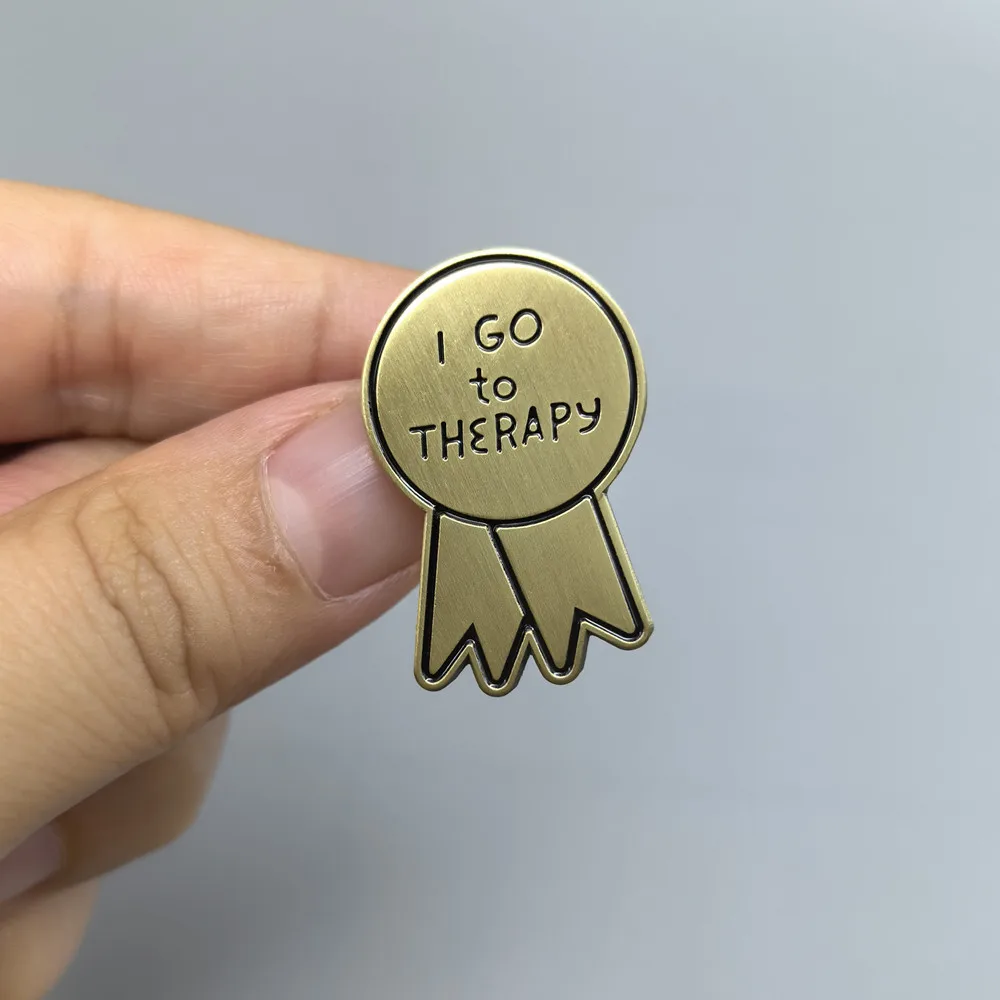 I Go To Therapy Ribbon Medal Enamel Pin Mental Health Quote Lapel Brooch Funny Badge Backpack Decor Pin Gift