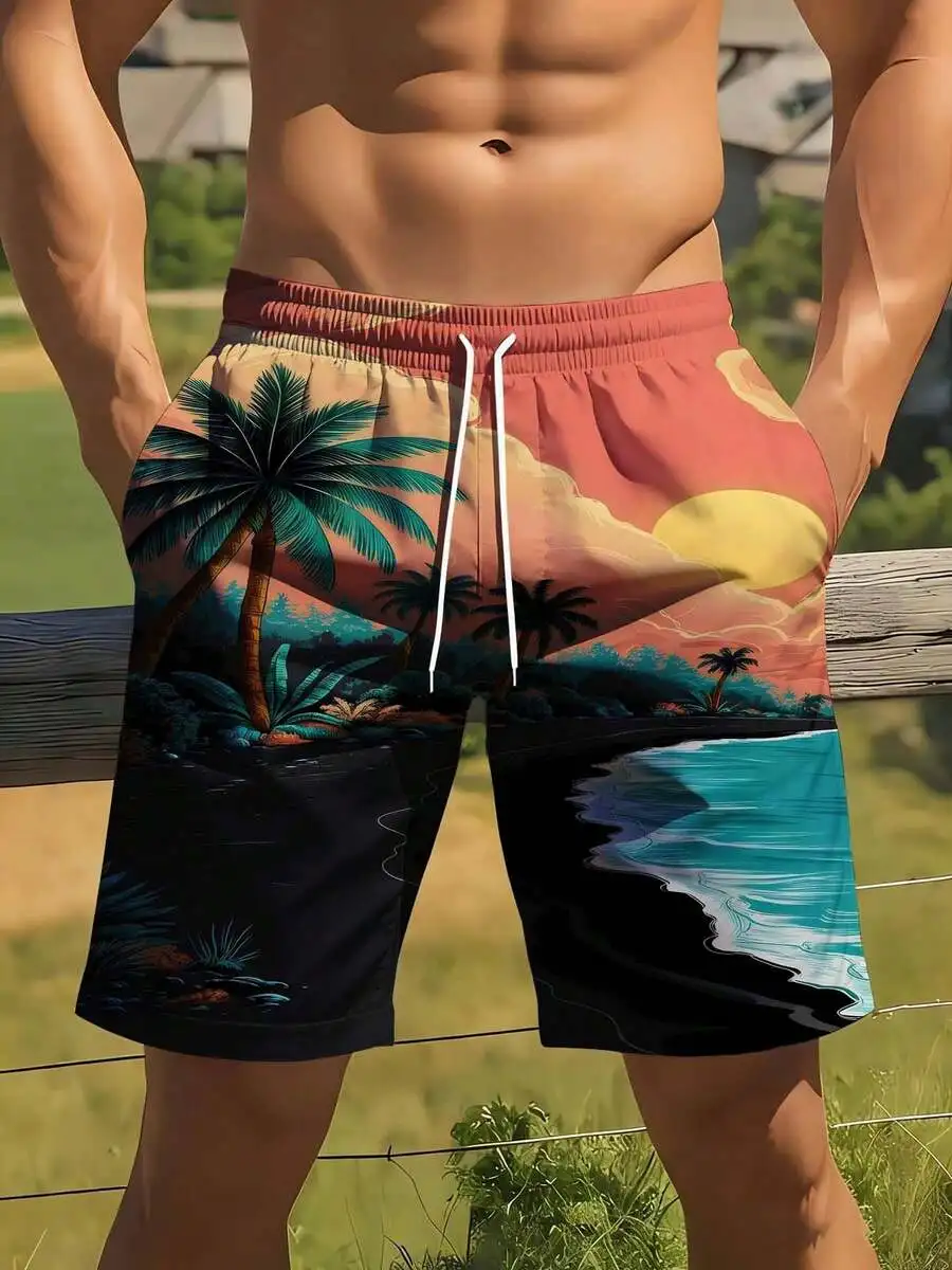 

Tropical Sunset Palm Tree Print Swim Shorts For Men Beach Vacation Summer Wear