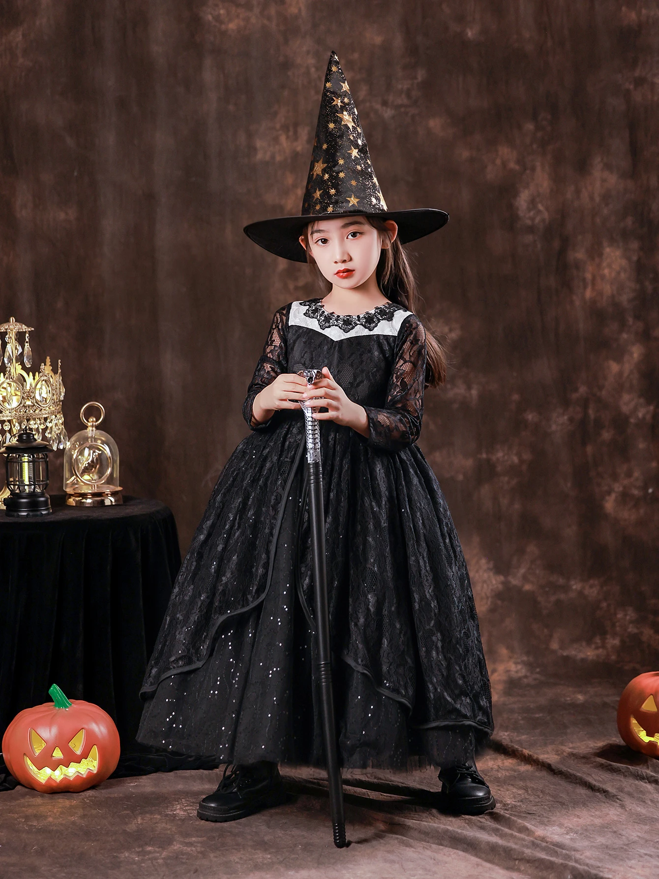 

Girls' Party High-End Formal Dress Black Long Sleeved Fluffy Veil Dress Lace Embroidered Party Dress