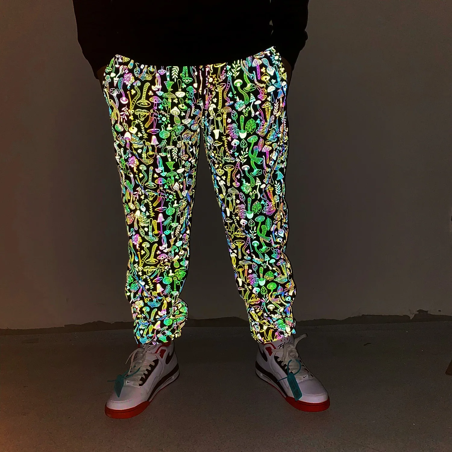 

New Design Holographic Unisex Women Men Reflective Geometric "Mushroom Pattern" Colorful Hip Hop Pants Casual Jogging Sweatpants