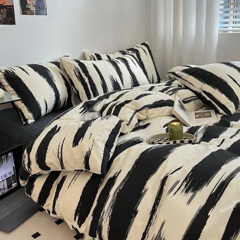 New Black Ink Abstract Stripes Duvet Cover Flat Sheet Pillowcase Cotton Soft Geometric Bedding Set 3/4pc Nordic Simple Bed Linen