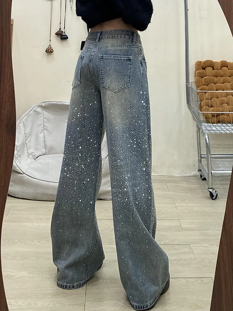 Heavy Duty Rhinestone Women's Straight Leg Jeans Loose Fit Comfortable High Waist Denim Pants Glittering Slimming Effect
