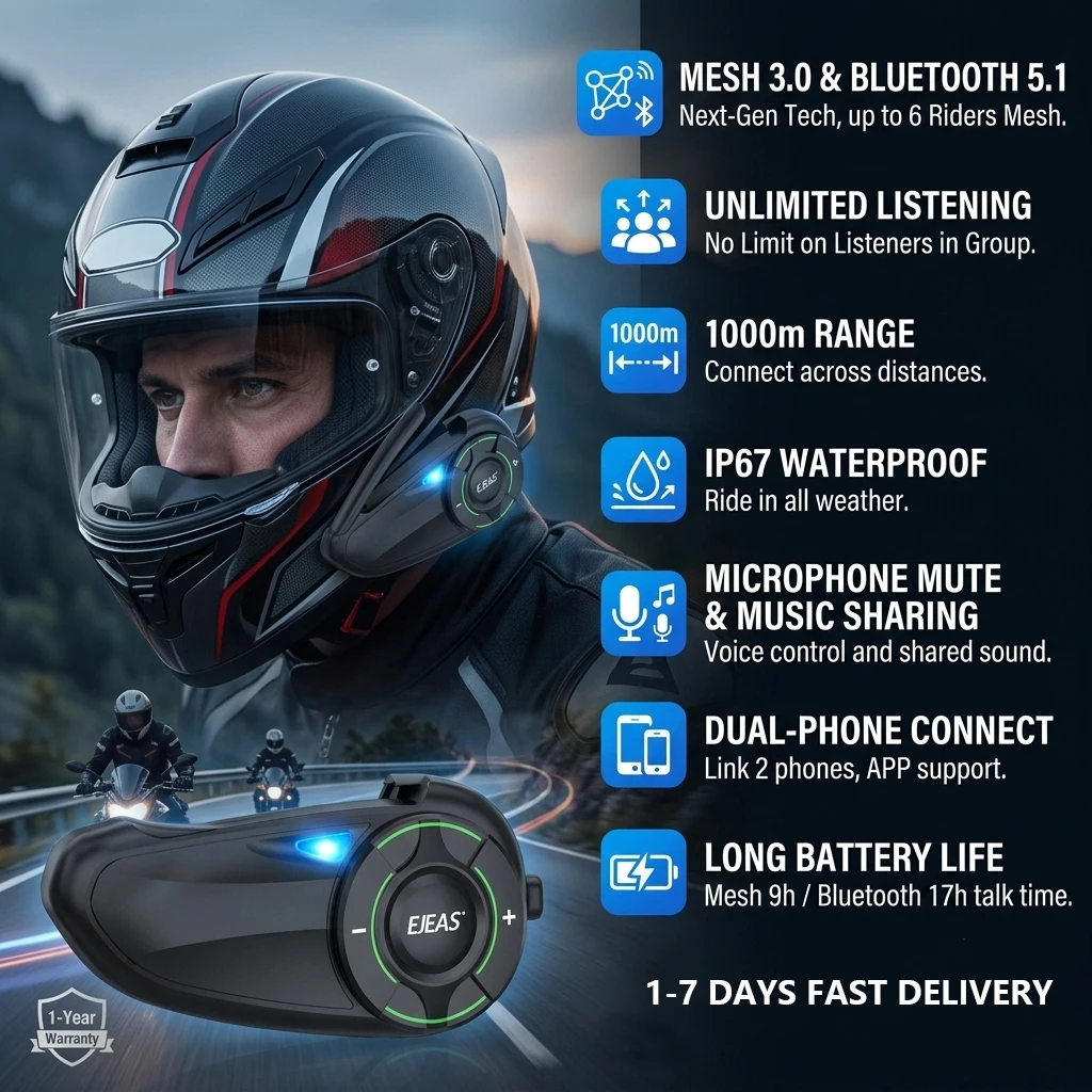 EJEAS Q8 Motorcycle Intercom Headset for man Bluetooth Headset IP67 Waterproof Mesh3.0 Technology motorcycle helmet intercom system motorhelmet bluetooth earphone motorcycle helmet speaker Headset intercom distance 1000M