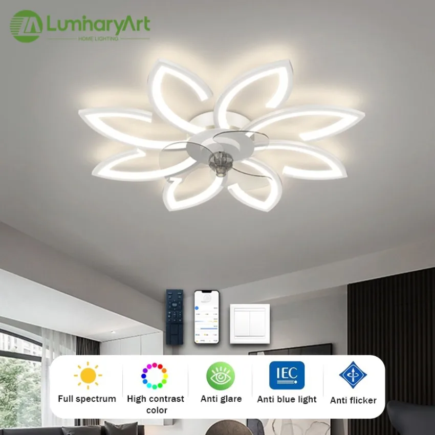 Modern LED Ceiling Fan Light Intelligent APP with Remote Control Adjustable Lighting Fixtures Suitable for Living Rooms Bedrooms