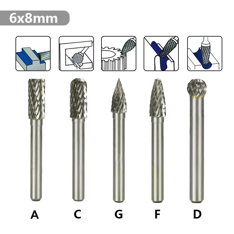 XUCHUAN 1/5PCS Rotary Datei Set 6mm Schaft Hartmetall Grate Typ A/C/D/F/G Double Cut Rotary Grat Für Metall Holz Fräsen Hand Werkzeuge – Detail 4