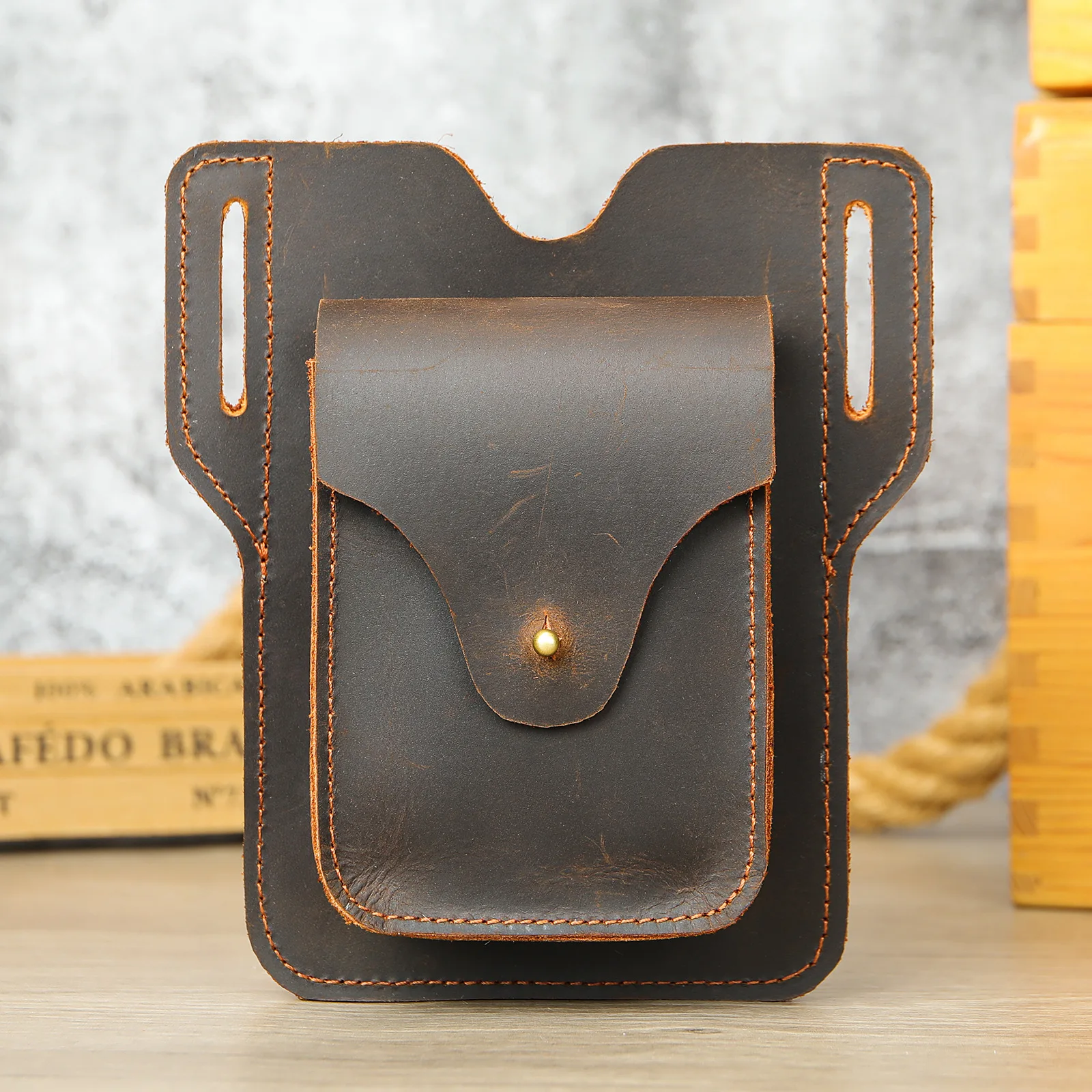 Men's Leather Waist Tool Bag Dual Phone & Multitool Organizer with Lock Flap for Construction Outdoor Sports