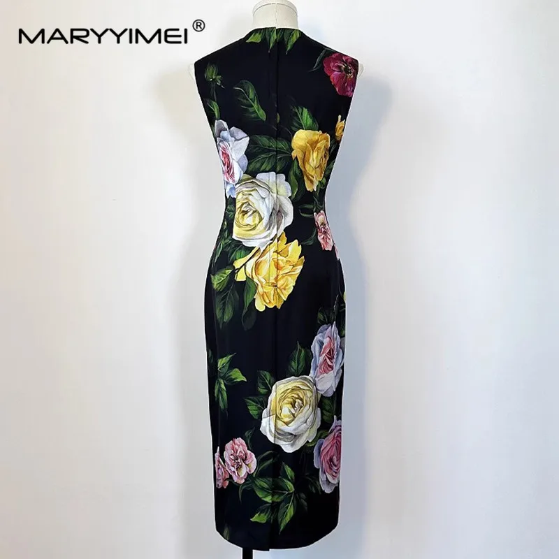 MARYYIMEI Spring Summer New Style Women's Dress Sleeveless Rose print High waist Slim Straight Tank Black Silk Dresses