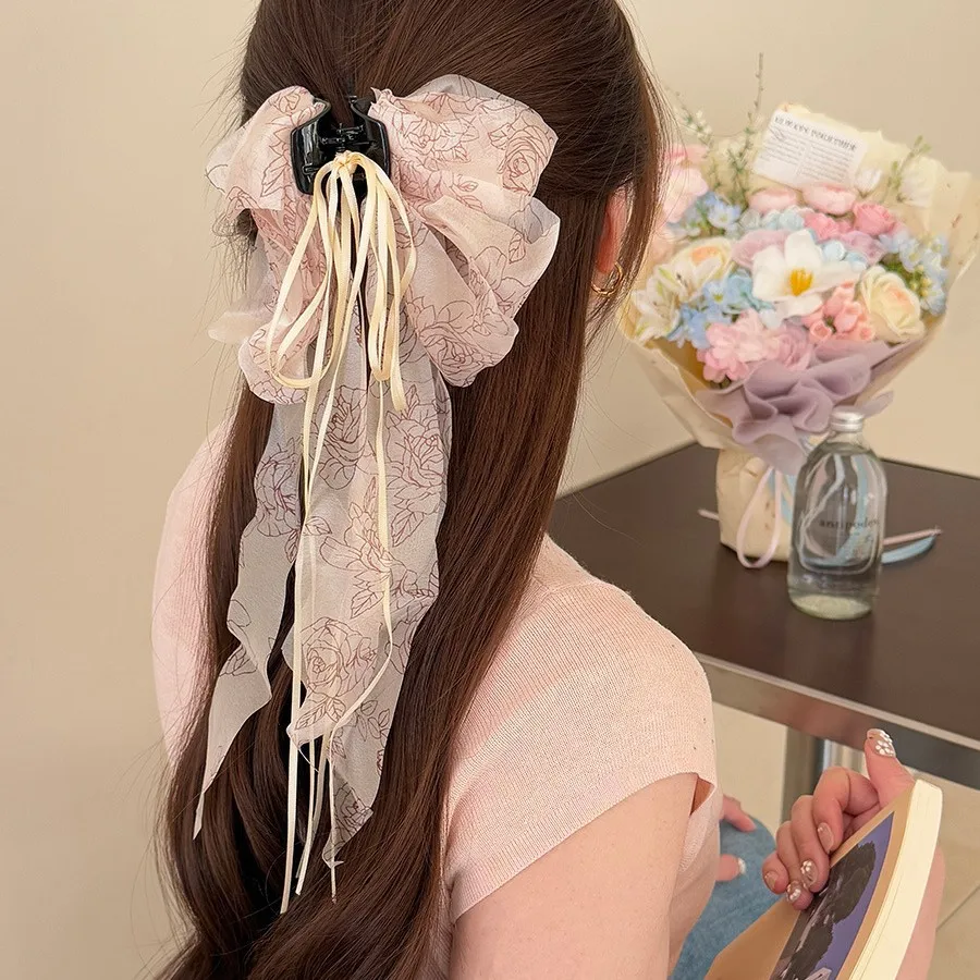 Small Metal Rose Ribbon Hair Claw Clip French Soft Elegant Updo Back Head Ponytail Holder for Women Daily Comfortable Pink