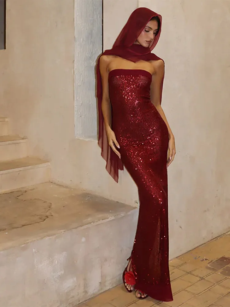 Elegant Red Sequins Off Shoulder Maxi Dress Women Sexy Backless Back Split Bodycon Long Dresses 2024 New Prom Club Party Robes